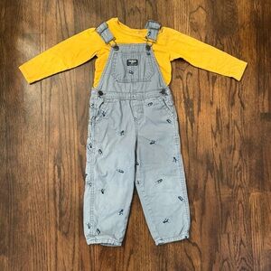 Oshkosh Kids Gray Blue Overalls with Embroidered Dinosaurs and Yellow Shirt 3T